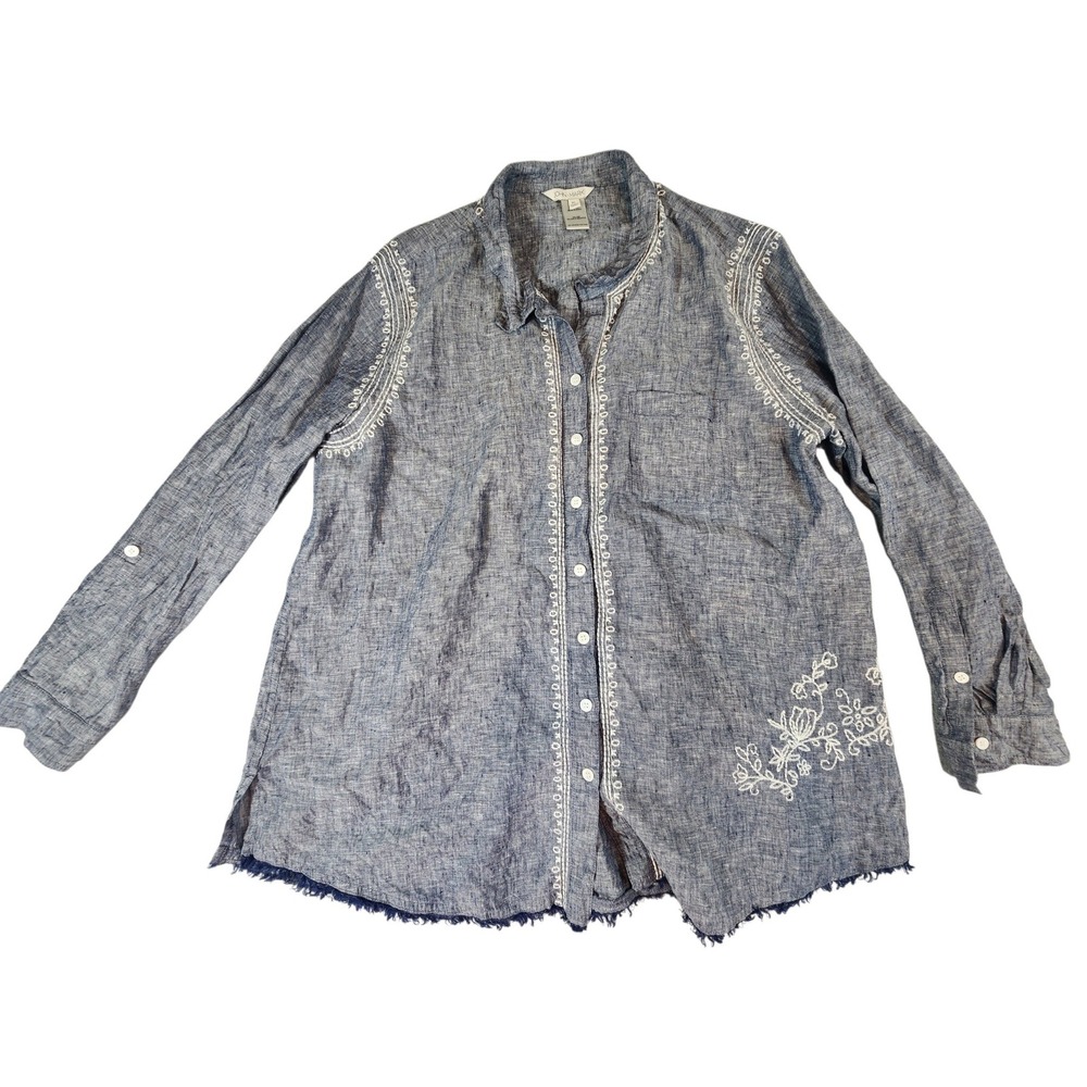 John Mark Button Down Shirt Womens XL Blue Linen Floral Embroidered Raw Hem